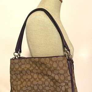 COACH purse Brown with Purple Trim LIKE NEW Shoulder Bag Coach Signature Phoebe